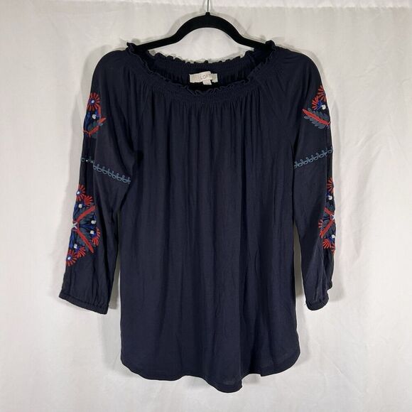LOFT Tops - LOFT Blouse Women's Small Blue Long Sleeve Embroidered Sleeve Stretchy Neckline